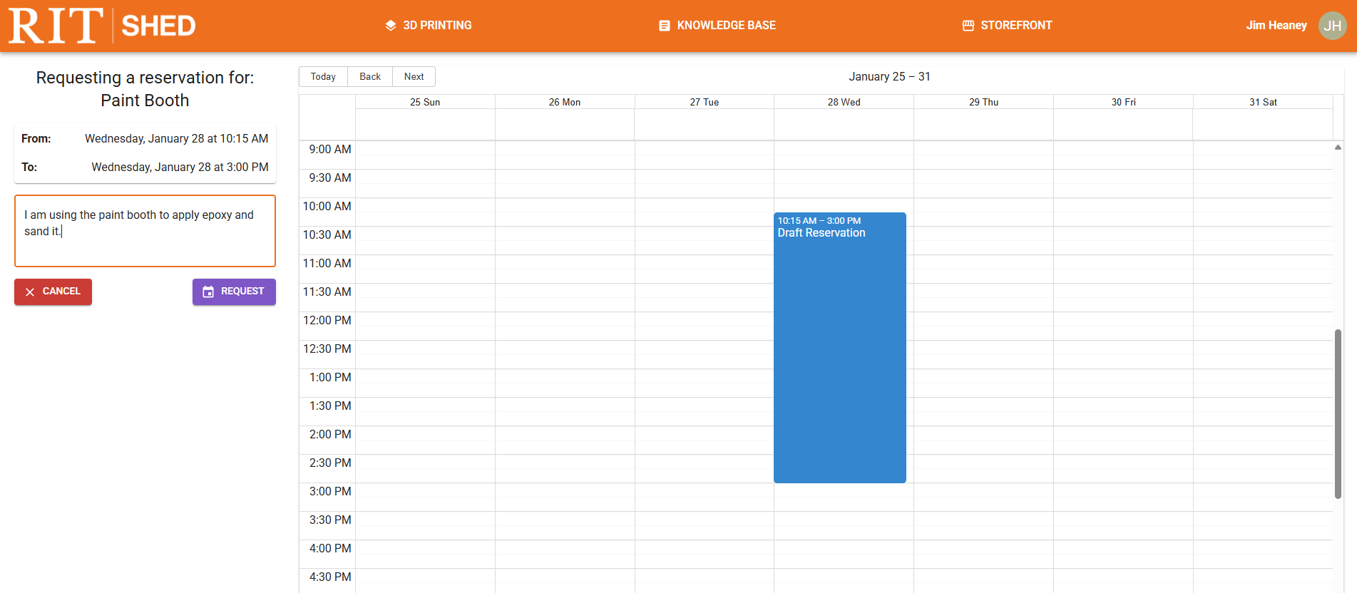 Calendar view, showing a pending reservation and the text field to enter details.
